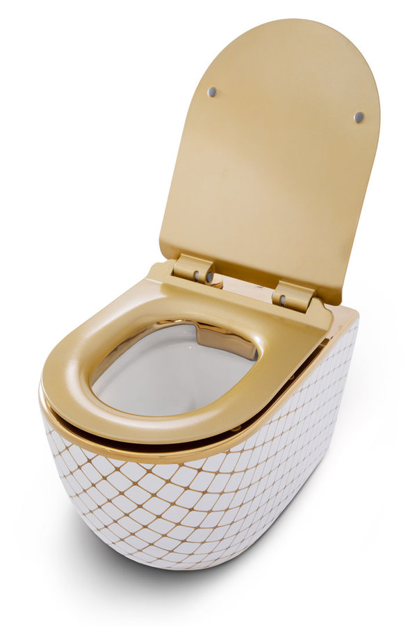 Spülrandloses Wand WC Farbe Weiß Gold Exklusive Hänge Toilette Deckel aus Duroplast